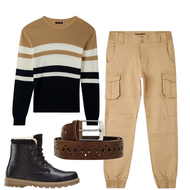 Outfit uomo - City. Stile Urban per Tutti i giorni. Abbinamento con stivali e stivaletti, pantaloni cargo, maglieria, cinture.