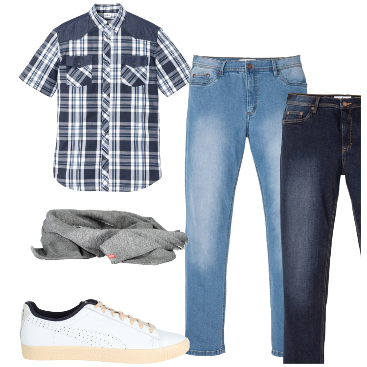 Outfit uomo - City. Stile Casual per Tutti i giorni. Abbinamento con camicie a manica corta, jeans dritti, sneakers, sciarpe.
