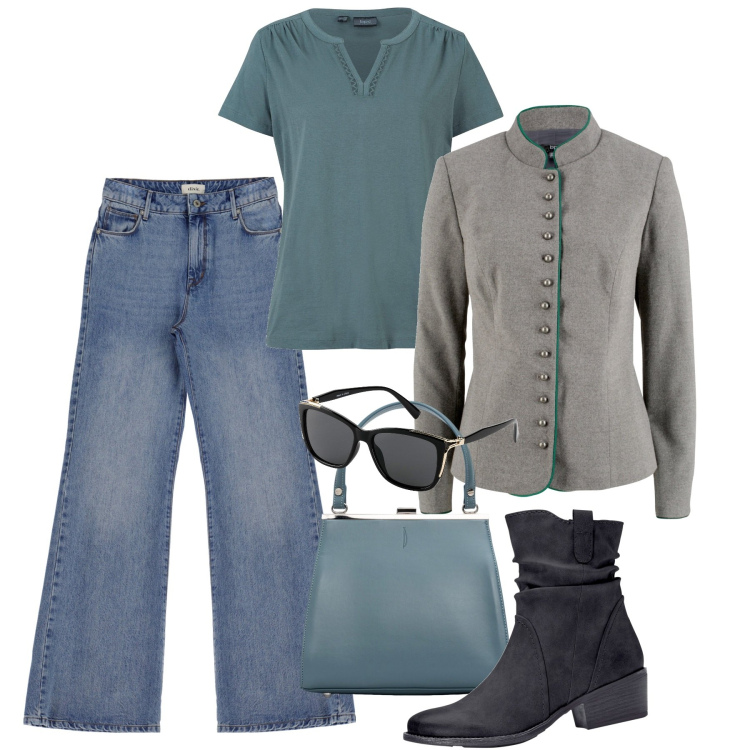 Outfit donna - Coreana. Stile Casual chic per Tutti i giorni. Abbinamento con maglieria, stivaletti texani, blazer, occhiali da sole, jeans, clutch.