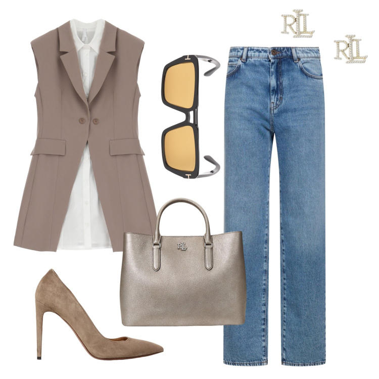 Outfit donna - Casual glam style. Stile Casual chic per Tutti i giorni. Abbinamento con vestiti senza maniche, orecchini, borse a mano, décolleté, jeans dritti, occhiali da sole.
