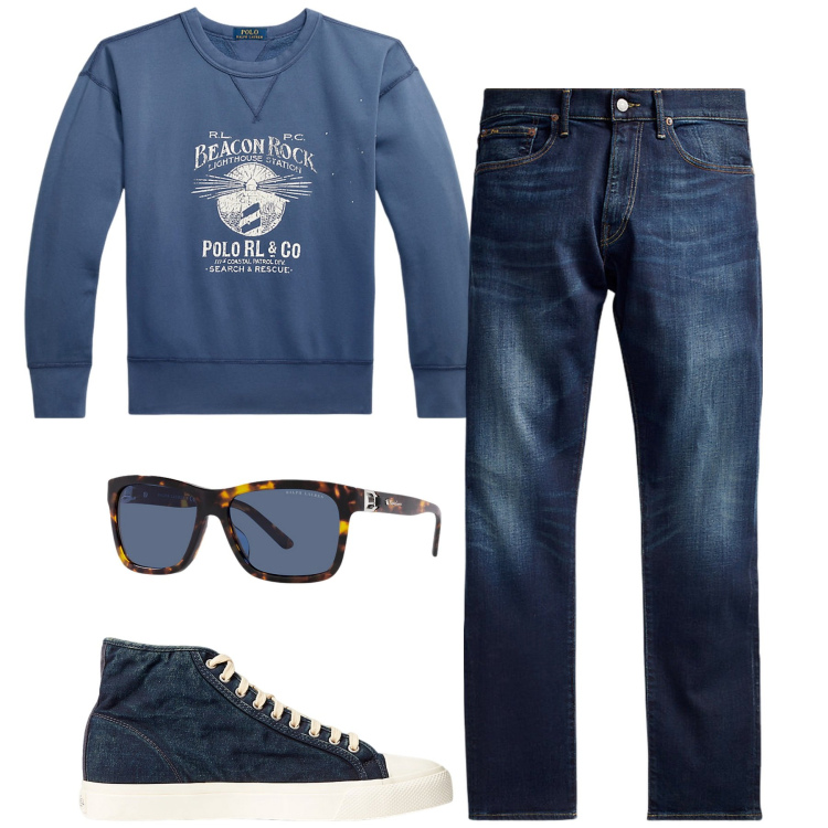Outfit uomo - City. Stile Casual per Tutti i giorni. Abbinamento con sneakers, jeans, occhiali da sole, felpe.