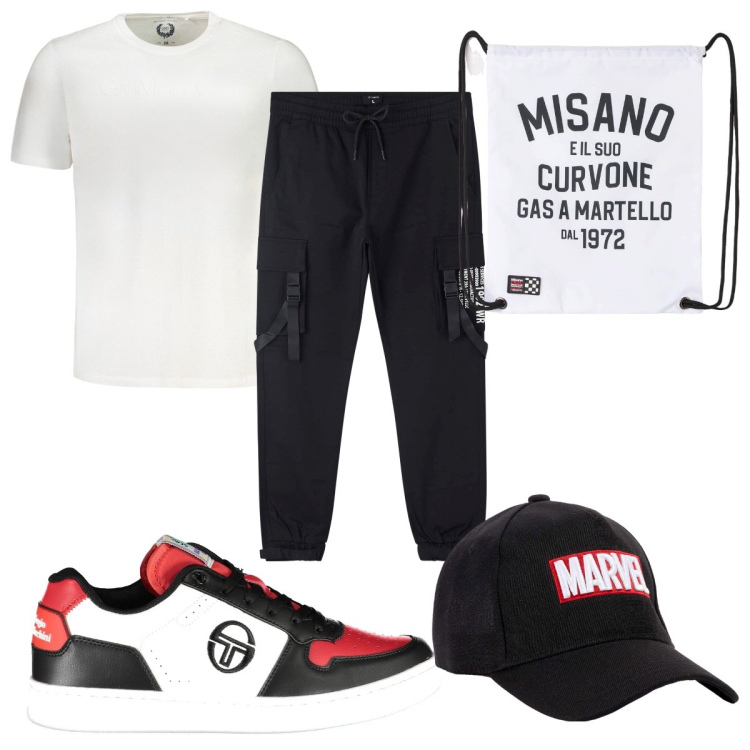 Outfit uomo - Total look #1957271. Stile Trendy per Sport. Abbinamento con borse sportive, cappelli, pantaloni cargo, scarpe sportive, t-shirt.