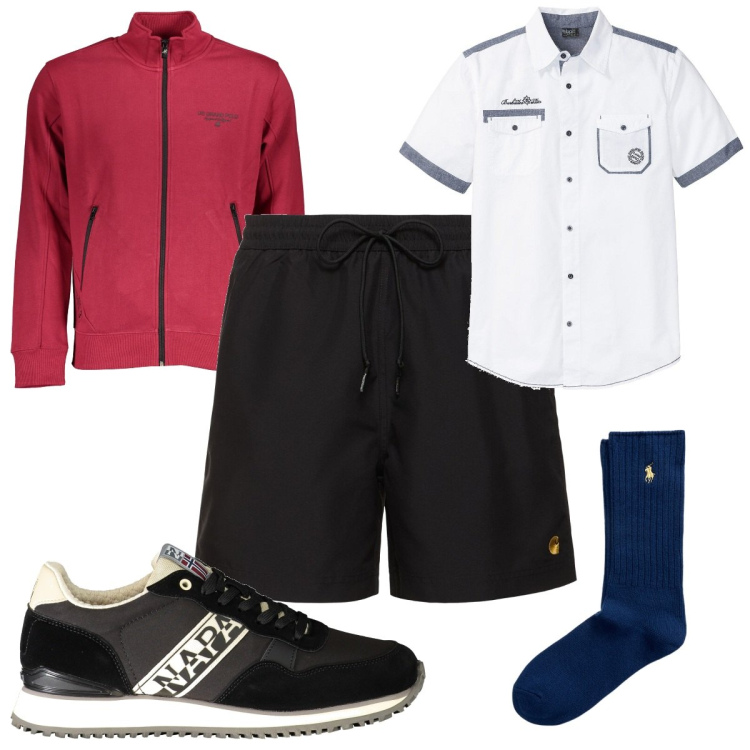 Outfit uomo - Total look #1957272. Stile Trendy per Tutti i giorni. Abbinamento con camicie a manica corta, calzini, felpe, sneakers, shorts.