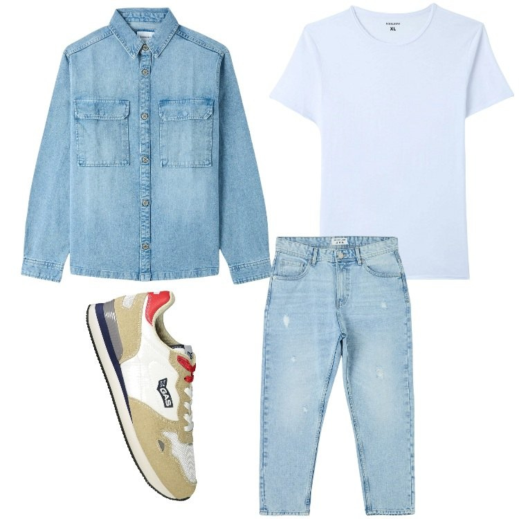 Outfit uomo - Casual piu´che mai. Stile Casual per Tutti i giorni. Abbinamento con jeans strappati, cappotti, t-shirt, sneakers.