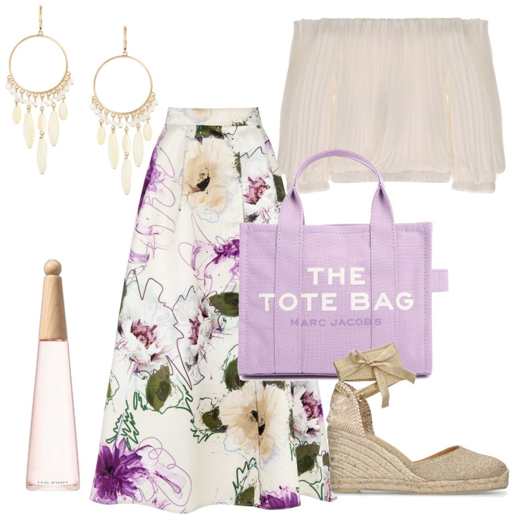 Outfit donna - New boho chic. Stile Boho per Tutti i giorni. Abbinamento con profumi, gonne, top, orecchini, borse tote, espadrillas.