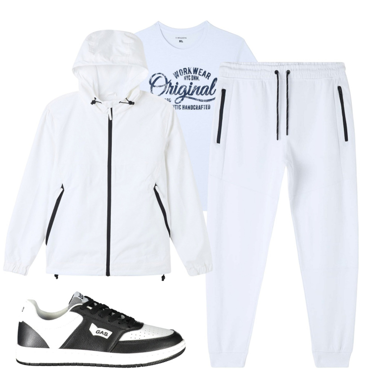 Outfit uomo - Sportivo in bianco. Stile Casual per Sport. Abbinamento con t-shirt, giacche, pantaloni, sneakers.