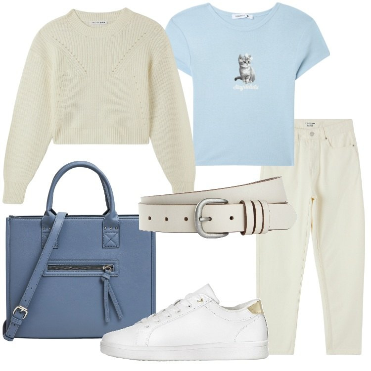 Outfit donna - Un giro in centro con le amiche. Stile Casual per Tutti i giorni. Abbinamento con sneakers, cinture, t-shirt, maglieria, jeans mom, shopping bag.