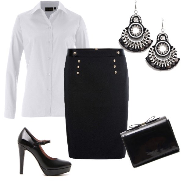 Outfit donna - Total look #195746. Abbinamento con camicie, gonna a matita con spacco stile militare con zip in pelle sintetica con bottoni nero, décolleté nero, borsa a tracolla, orecchini pendenti con perline.