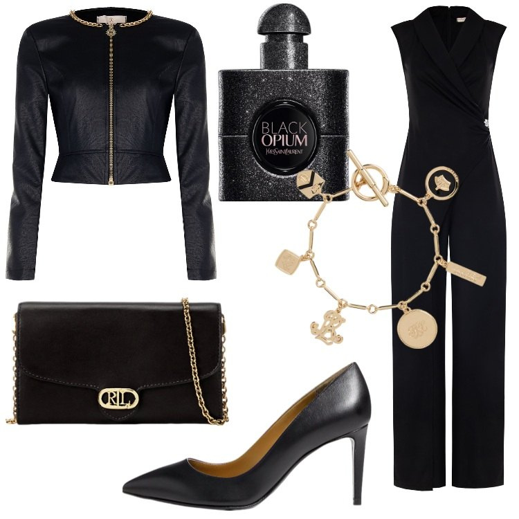 Outfit donna - La tua serata Total Black. Stile Chic per Serata fuori. Abbinamento con profumi, tute, blazer, braccialetti con ciondoli, décolleté, borse a tracolla.