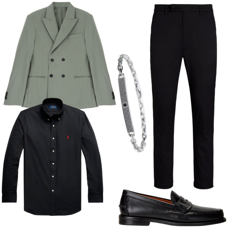 Outfit uomo - La giacca per la sera. Stile Business/Elegante per Serata speciale. Abbinamento con braccialetti, giacche, camicie, scarpe stringate, pantaloni.