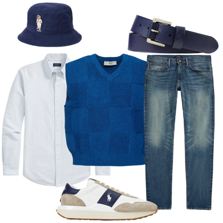Outfit uomo - Il gilè bluette a quadri. Stile Trendy per Tutti i giorni. Abbinamento con sneakers, camicie, cappelli, jeans, cinture, maglieria.