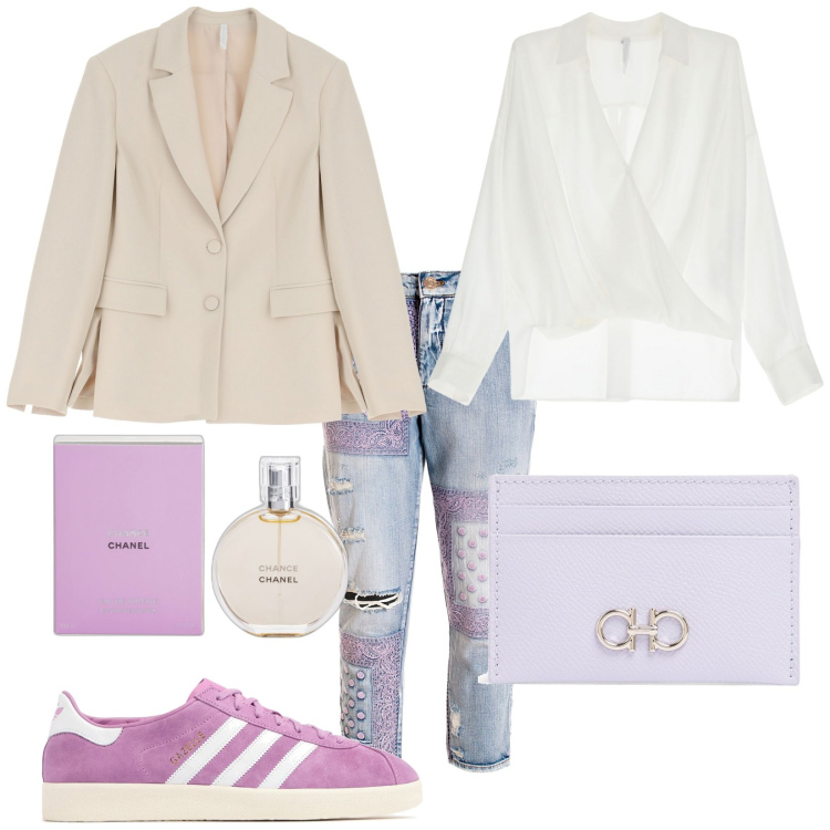 Outfit donna - Casual and chic. Stile Casual chic per Tutti i giorni. Abbinamento con profumi, jeans strappati, camicie, blazer, sneakers, portafogli.