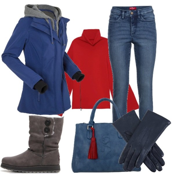 Outfit donna - Urban #8739. Stile Urban per Tutti i giorni. Abbinamento con jeans in denim elasticizzato, giacca con cappuccio, borsa a mano con bottoni blu, maglia con spacco collo alto a maniche lunghe con zip filato rosso, guanti blu e navy.