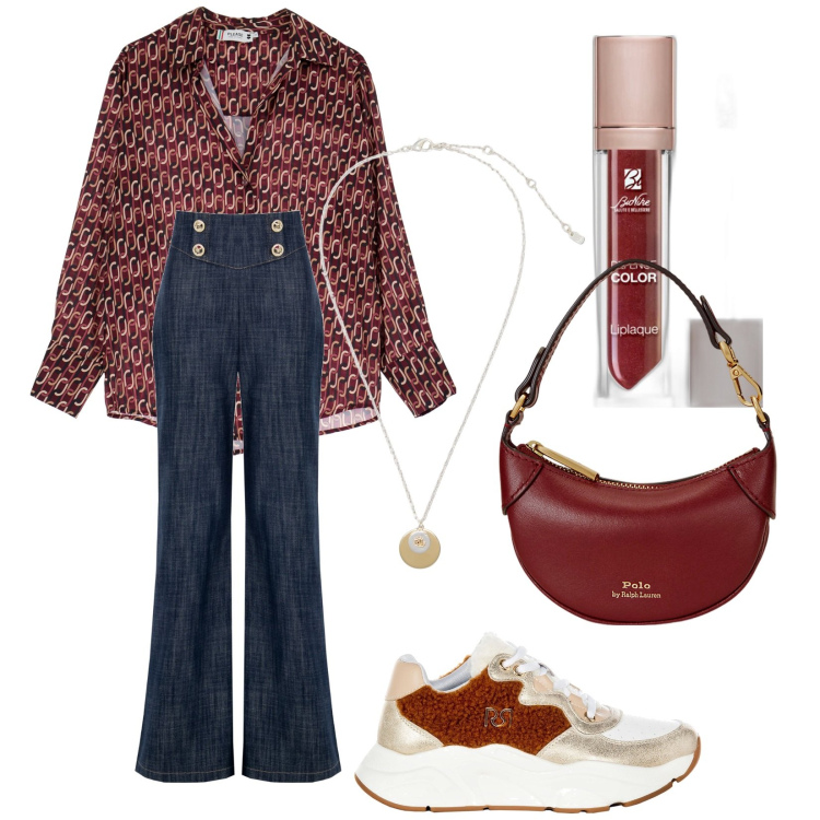 Outfit donna - Bordeaux. Stile Trendy per Tutti i giorni. Abbinamento con rossetti, jeans, sneakers, camicie, portafogli, collane.