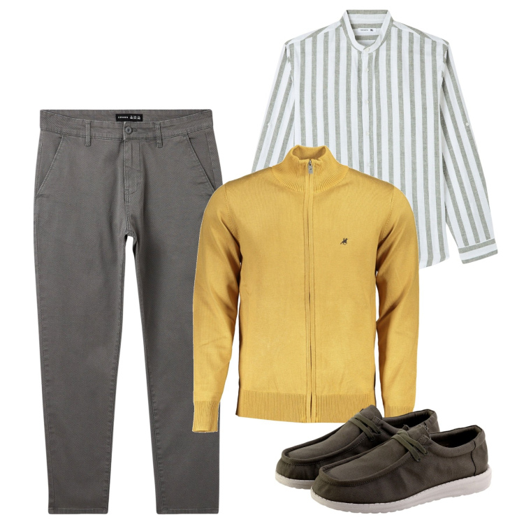 Outfit uomo - Righe. Stile Casual per Tutti i giorni. Abbinamento con camicie, pantaloni chino, cardigans, scarpe stringate.