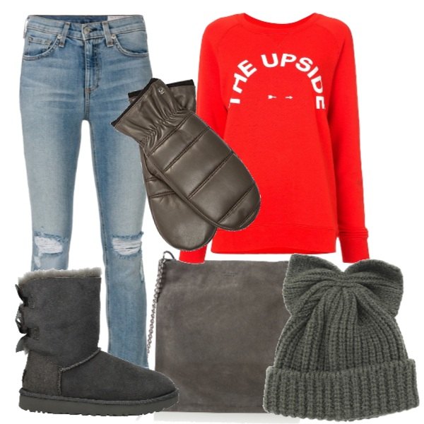 Outfit donna - Trendy #25817. Stile Trendy per Tutti i giorni. Abbinamento con stivaletti grigio, borsa a spalla grigio e nero.