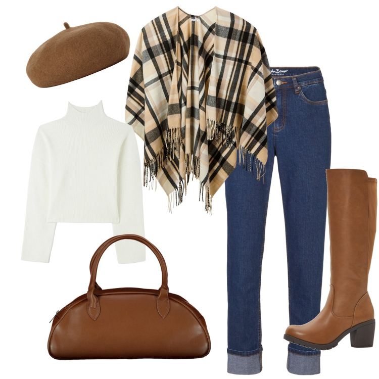 Outfit donna - Aria parigina. Stile Casual chic per Tutti i giorni. Abbinamento con stivali, jeans boyfriend, cappe, maglieria, cappelli e berretti, borse a spalla.
