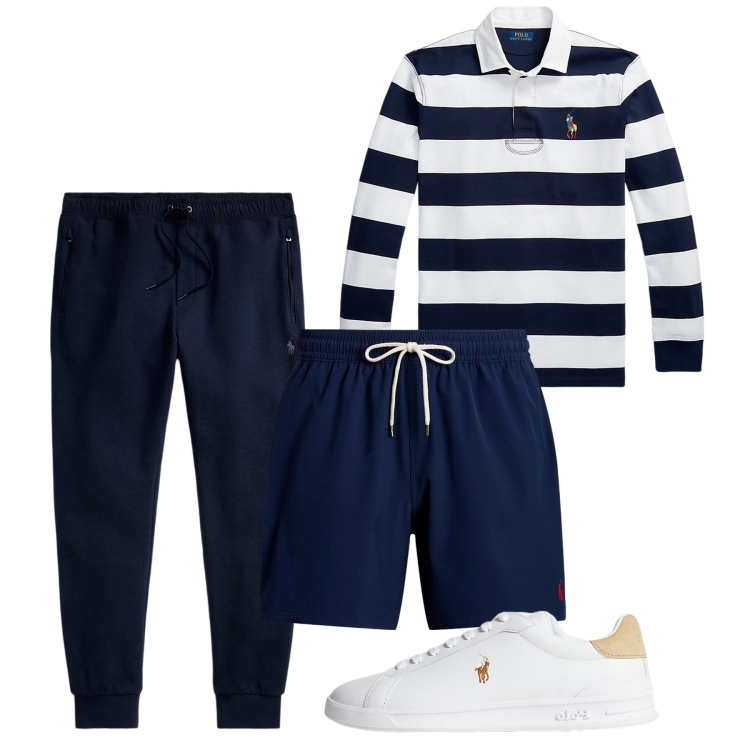Outfit uomo - Il mare di settembre. Stile Casual per Mare. Abbinamento con sneakers, costumi, maglieria, pantaloni.