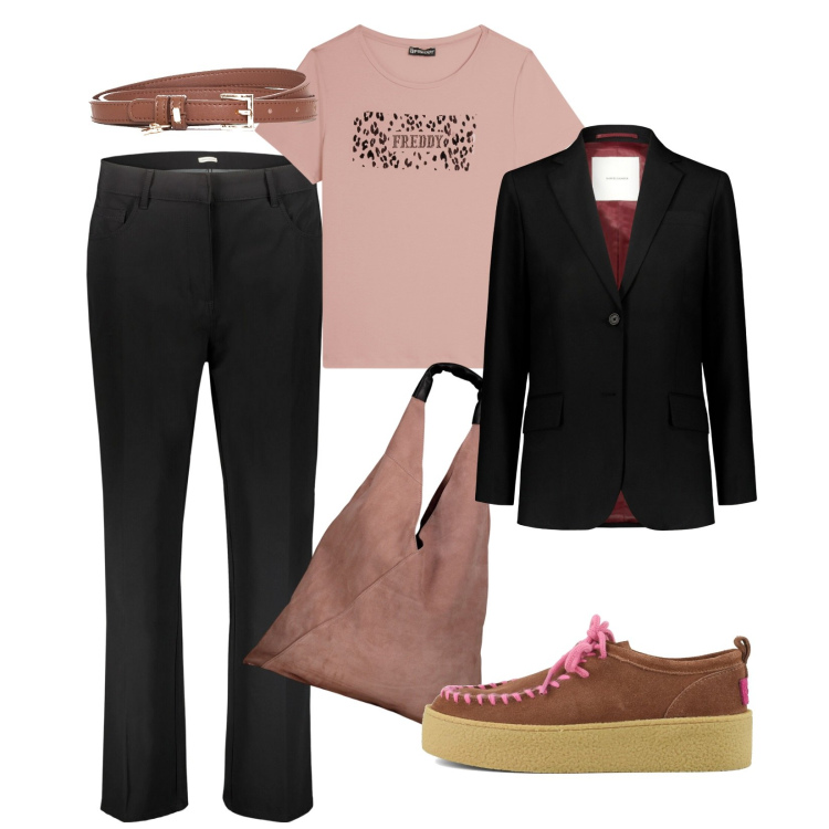 Outfit donna - All\' università!!!. Stile Casual chic per Scuola/Università. Abbinamento con cinture, t-shirt, pantaloni, blazer, mocassini, borse a spalla.