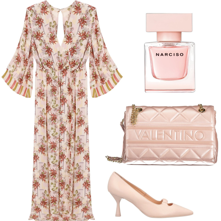 Outfit donna - Serata boho. Stile Boho per Serata fuori. Abbinamento con décolleté, profumi, vestiti lunghi, borse a spalla.