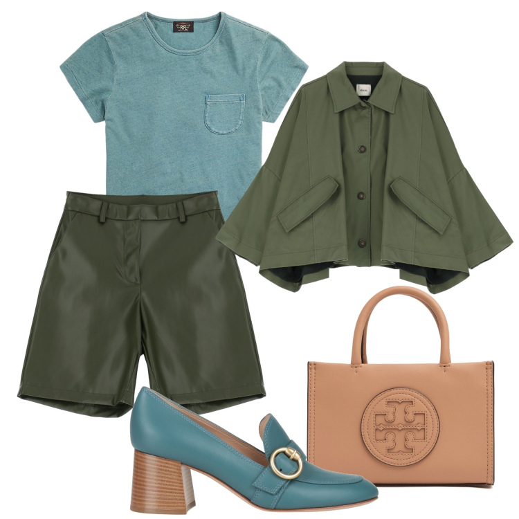Outfit donna - Mocassini Tiffany color. Stile Sporty chic per Tutti i giorni. Abbinamento con mocassini, shorts, t-shirt, blazer, shopping bag.