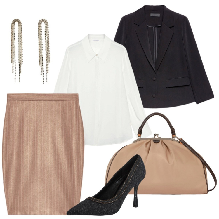 Outfit donna - La gonna per la riunione. Stile Minimal per Ufficio. Abbinamento con orecchini, décolleté, gonne, blazer, camicie, borse a spalla.