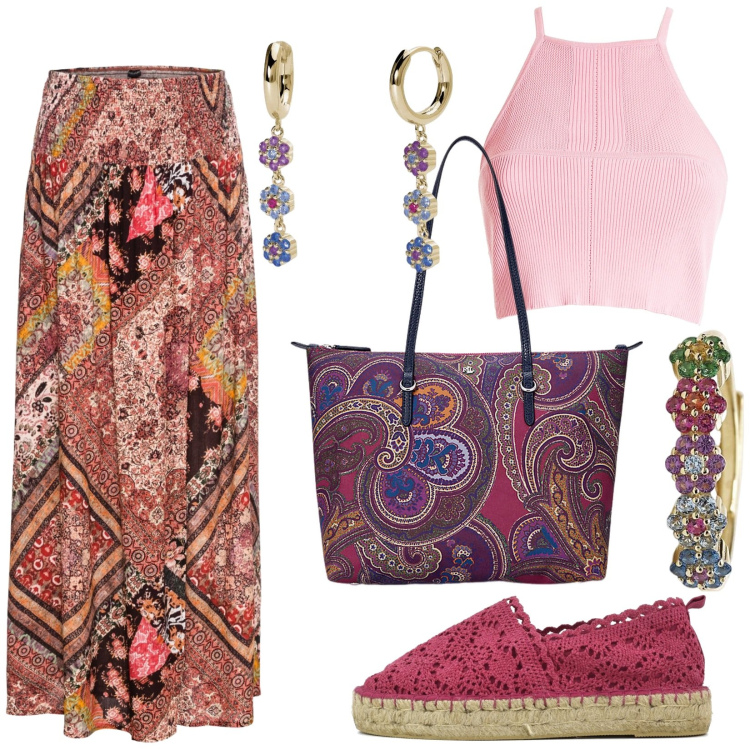 Outfit donna - Total look #1957652. Stile Boho per Tutti i giorni. Abbinamento con gonne, anelli, orecchini, top, borse tote, espadrillas.