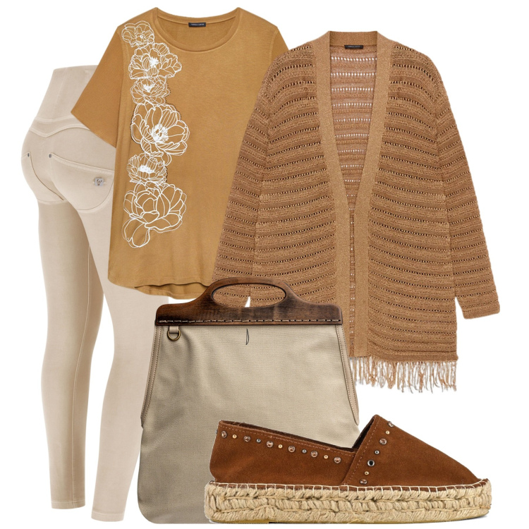 Outfit donna - Verso l\'autunno. Stile Casual chic per Tutti i giorni. Abbinamento con pantaloni skinny, borse a tracolla, t-shirt, espadrillas, cardigans.