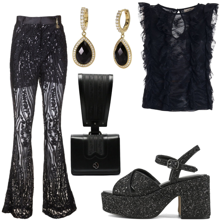 Outfit donna - Total look #1957658. Stile Sexy per Serata fuori. Abbinamento con orecchini, top, pantaloni a palazzo, sandali, borse a mano.