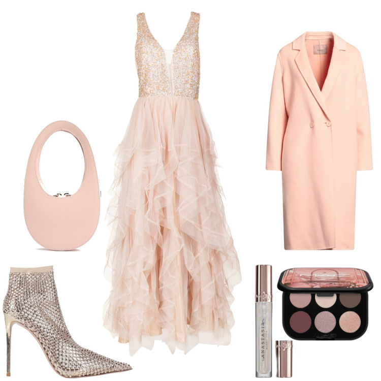 Outfit donna - Soft peach. Stile Romantica per Cerimonia. Abbinamento con cappotti, stivaletti, ombretti, gloss, vestiti, borse a mano.