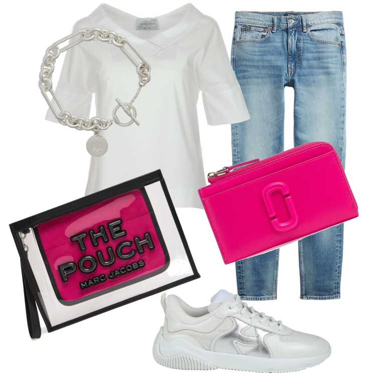 Outfit donna - Jacobs. Stile Basic per Tutti i giorni. Abbinamento con sneakers, braccialetti, jeans skinny, portafogli, bluse, clutch.