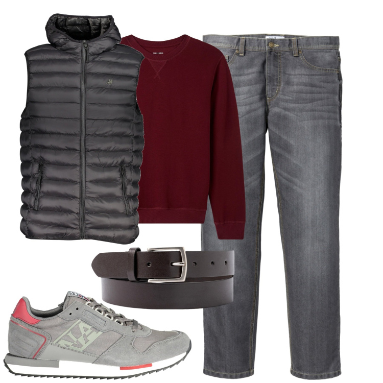 Outfit uomo - Fine settembre. Stile Casual per Tutti i giorni. Abbinamento con jeans dritti, felpe, giacche, cinture, scarpe sportive.