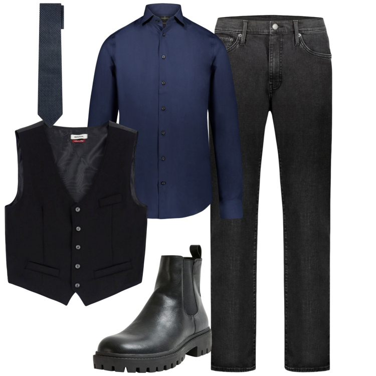 Outfit uomo - Stiloso. Stile Trendy per Tutti i giorni. Abbinamento con stivali e stivaletti, gilet, camicie, cravatte, jeans.