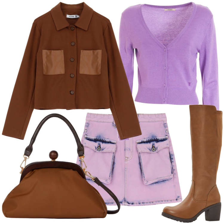 Outfit donna - Il cardigan viola preferito. Stile Casual chic per Tutti i giorni. Abbinamento con stivali, blazer, cardigans, minigonne, clutch.