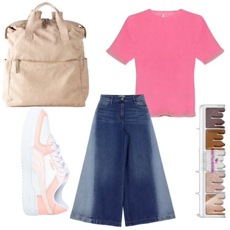 Outfit donna - Andiamo all\'università. Stile Casual chic per Scuola/Università. Abbinamento con zaini, sneakers, ombretti, jeans, maglieria.