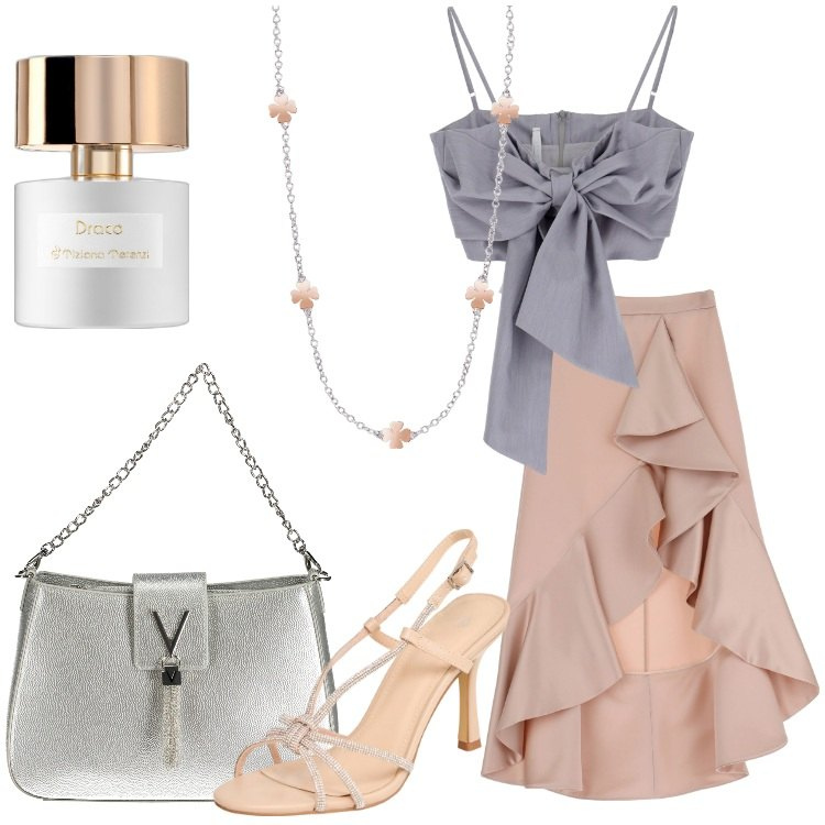Outfit donna - Ancora Estate. Stile Romantica per Serata fuori. Abbinamento con profumi, collane, sandali col tacco, gonne longuette, top, borse a spalla.