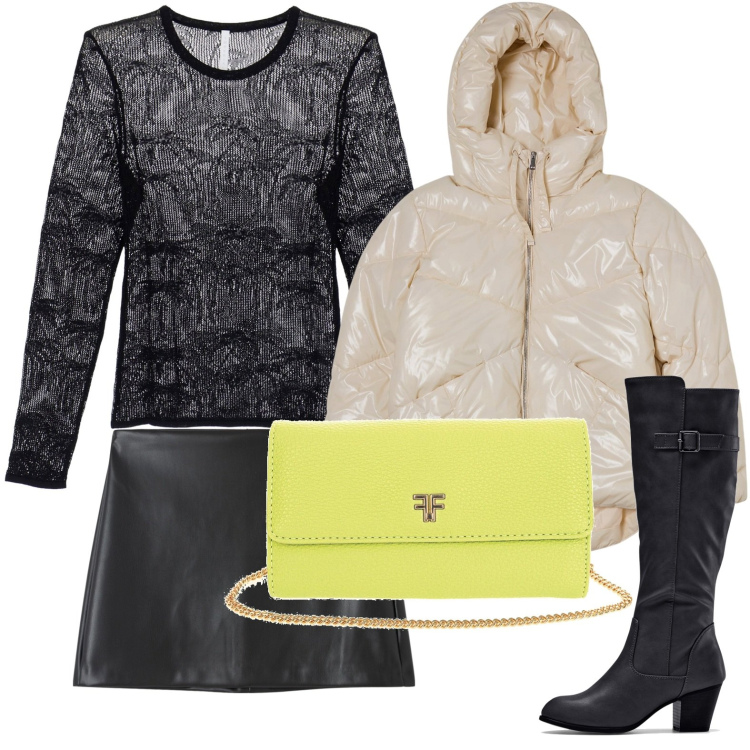 Outfit donna - Sportiva con stivali e minigonna. Stile Trendy per Tutti i giorni. Abbinamento con stivali, minigonne, blazer, borse a tracolla, maglieria.