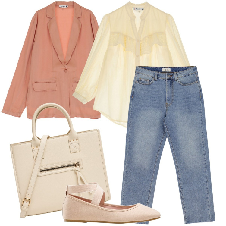 Outfit donna - Si abbassa la temperatura. Stile Casual chic per Ufficio. Abbinamento con ballerine, shopping bag, blazer, camicie, jeans slim fit.