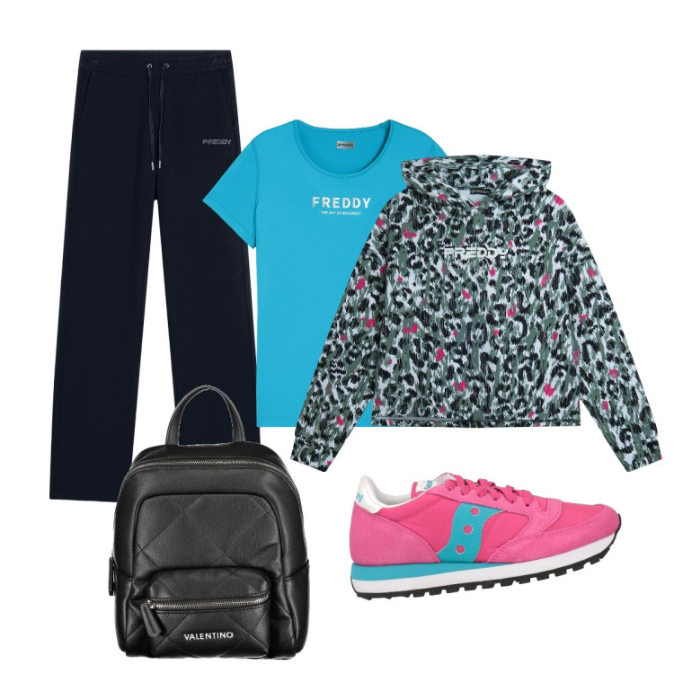 Outfit donna - Giornata in libertà. Stile Sporty chic per Sport. Abbinamento con sneakers, felpe con cappuccio, t-shirt sportive, pantaloni sportivi, zaini.