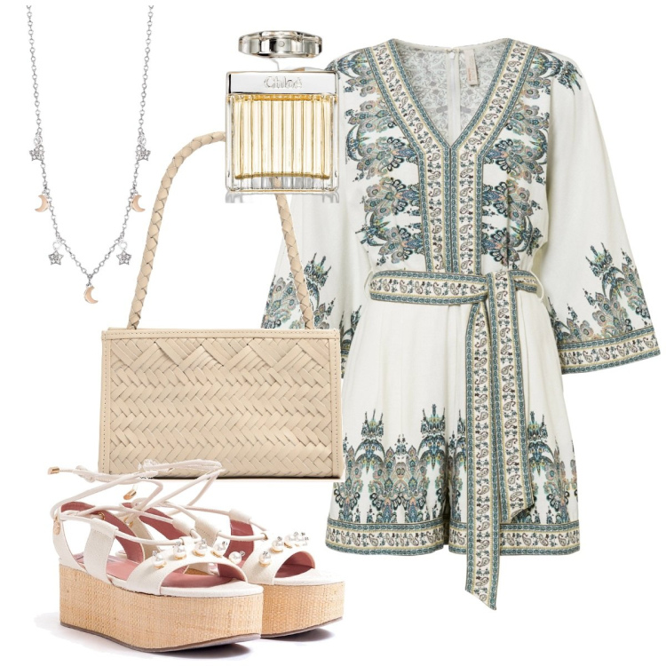 Outfit donna - Boho sofisticata. Stile Boho per Tutti i giorni. Abbinamento con tute, profumi, collane, sandali col tacco, borse a spalla.