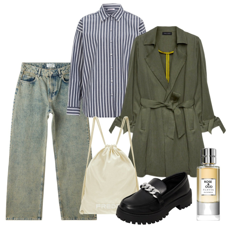 Outfit donna - Profumo d\'autunno. Stile Casual per Tutti i giorni. Abbinamento con camicie, profumi, jeans, mocassini, zaini, trench.