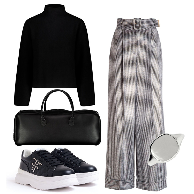 Outfit donna - Total look #1957761. Stile Casual chic per Tutti i giorni. Abbinamento con anelli, pantaloni a palazzo, sneakers, maglieria, borse a mano.
