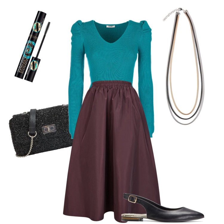 Outfit donna - Ruches sulle spalle. Stile Bon Ton per Serata fuori. Abbinamento con ballerine, mascara, borse a tracolla, maglieria, gonne lunghe, collane.
