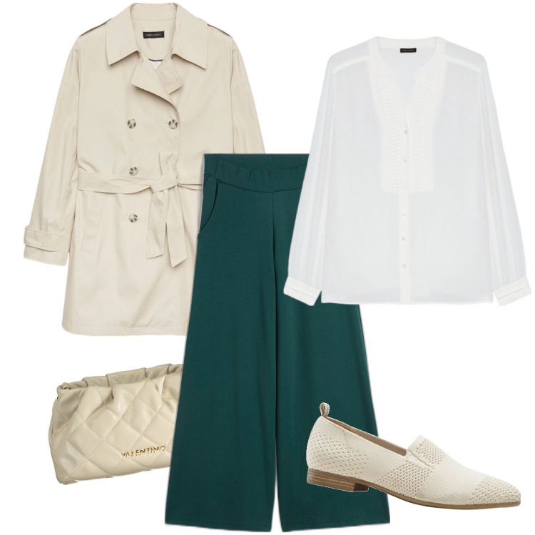 Outfit donna - Il pantalone verde petrolio. Stile Bon Ton per Ufficio. Abbinamento con pantaloni culotte, mocassini, bluse, trench, borse a spalla.