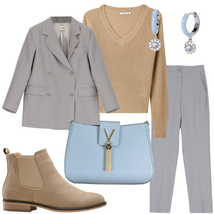 Outfit donna - Look business. Stile Sporty chic per Scuola/Università. Abbinamento con stivaletti chelsea, maglieria, orecchini, pantaloni, blazer, borse a spalla.