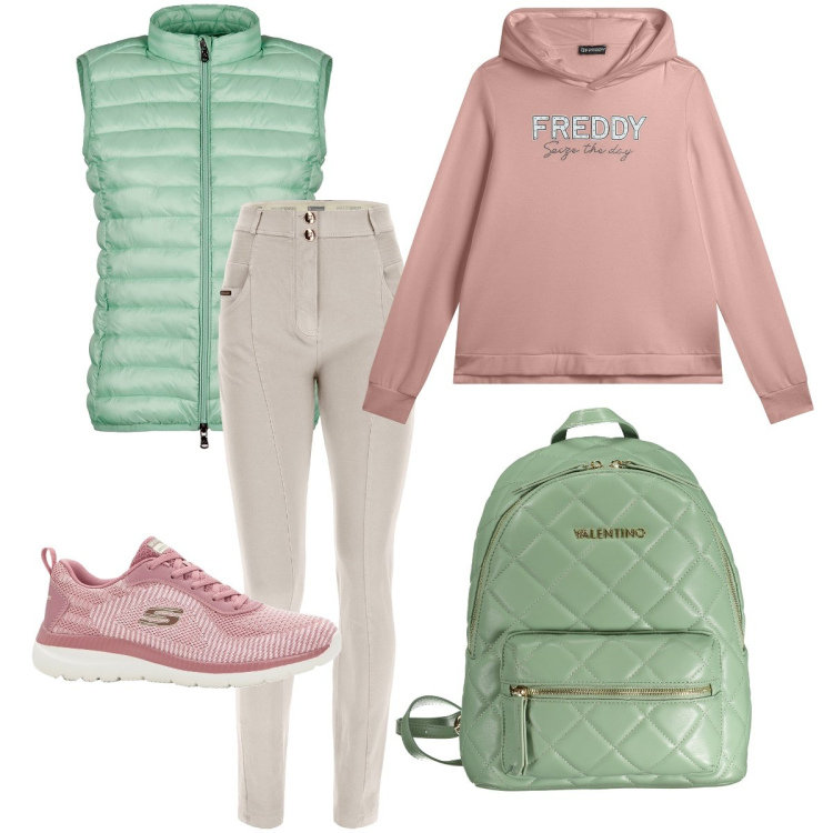 Outfit donna - Leggins color ghiaccio. Stile Sporty chic per Sport. Abbinamento con sneakers, pantaloni skinny, felpe con cappuccio, piumini, zaini.