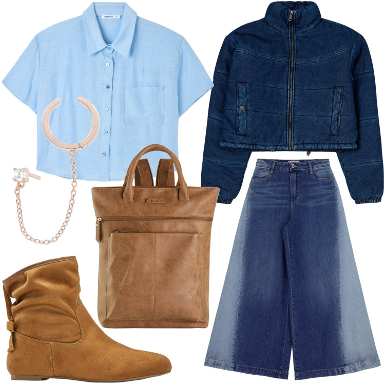 Outfit donna - Il jeans baggy. Stile Glamour per Scuola/Università. Abbinamento con zaini, stivaletti, camicie, blazer, orecchini, jeans.