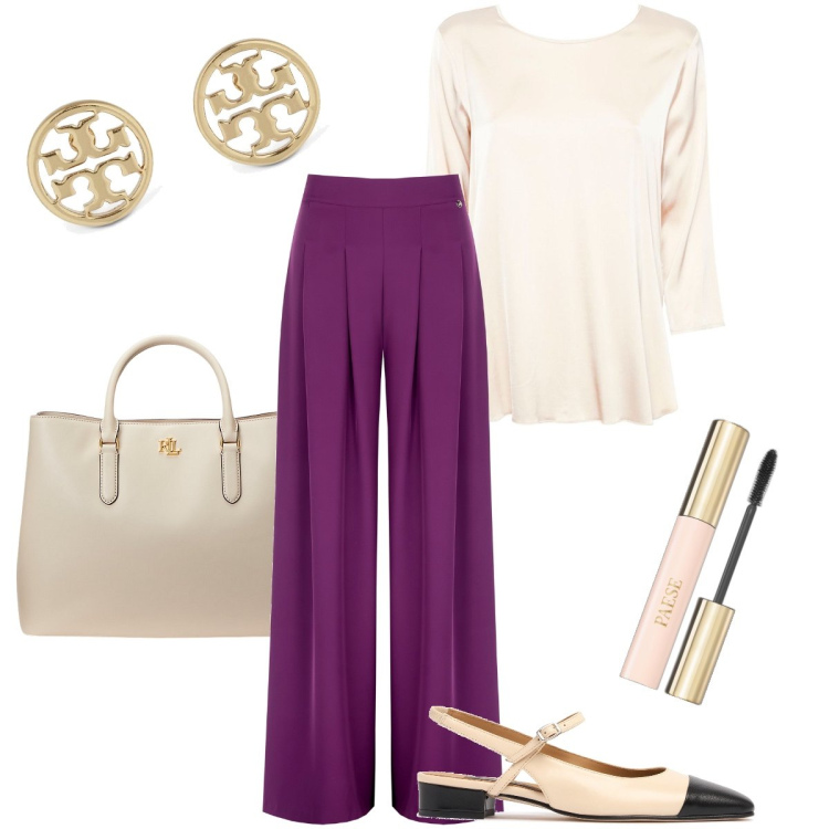 Outfit donna - Il pantalone viola. Stile Chic per Serata fuori. Abbinamento con mascara, pantaloni a palazzo, borse a mano, bluse, décolleté, orecchini.