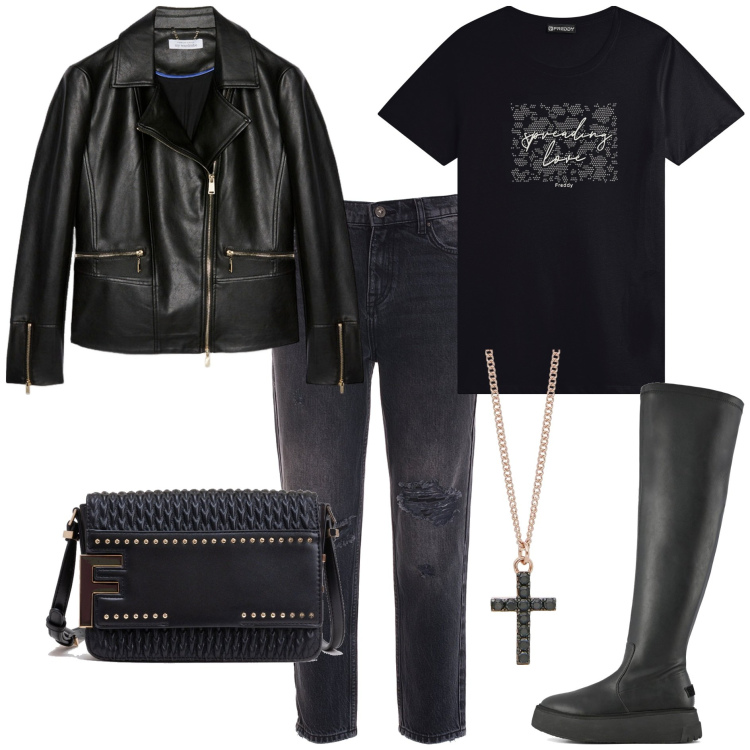 Outfit donna - A tutto rock. Stile Rock per Tutti i giorni. Abbinamento con collane, borse a tracolla, jeans boyfriend, t-shirt, stivali sopra il ginocchio, blazer.