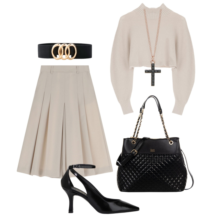 Outfit donna - I pantaloni effetto gonna !. Stile Bon Ton per Ufficio. Abbinamento con cinture, collane, shopping bag, pantaloni, maglieria, décolleté.
